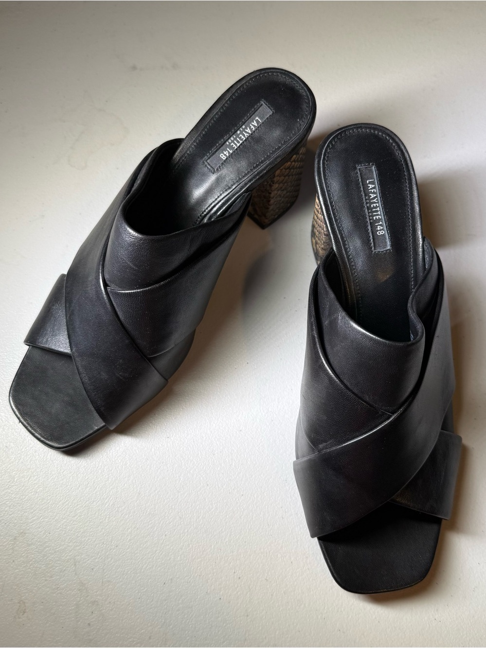 Lafayette 148 New York Black Leather Crisscross Mule Heels with Textured Heel